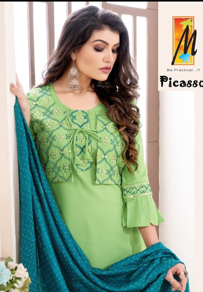 Master Picasso Rayon With Mirror Work Koti Style Ready Made Party Wear Kurtis With Bottom & Dupatta Set