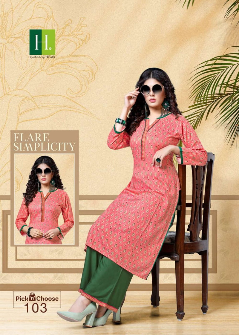 Hirwa Pick N Choose 103 Rayon Fancy Casual Wear Kurtis With Bottom