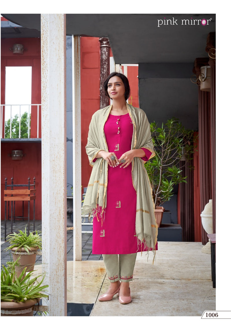 PInk Mirror Tresures Viscose With Embroidert Work Kurti Pant With Dupatta