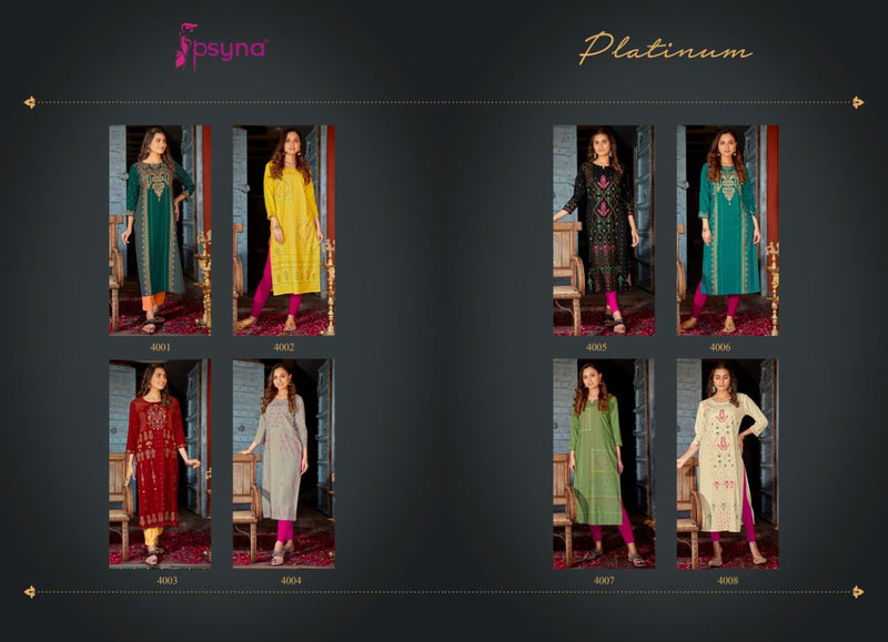 Psyna Platinum Vol 4 Rayon With Gold Print Straight Festive Wear Fancy Kurtis