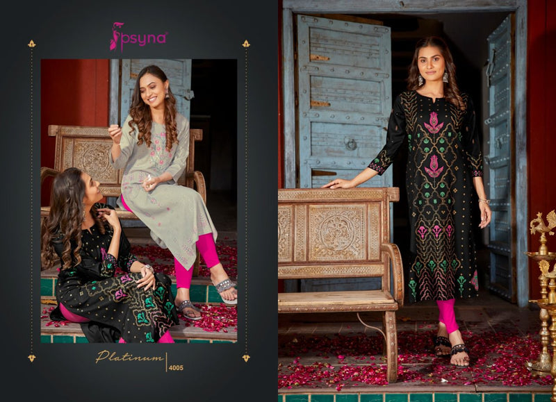 Psyna Platinum Vol 4 Rayon With Gold Print Straight Festive Wear Fancy Kurtis