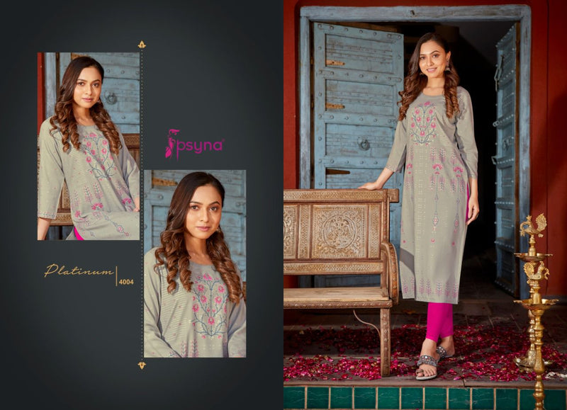 Psyna Platinum Vol 4 Rayon With Gold Print Straight Festive Wear Fancy Kurtis