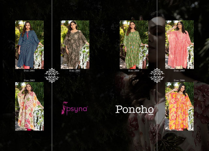 Psyna Poncho Vol 2 Muslin Digital Printed Fancy Party Wear Kaftan Kurtis With Pants
