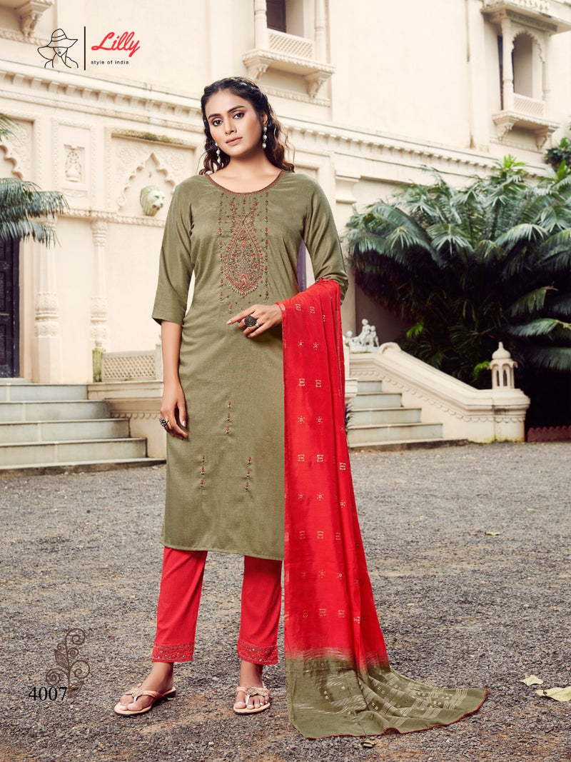 Lily Style Of India Poonam Chinon Slub Fancy Party Wear Kurtis With Set Of Bottom & Dupatta
