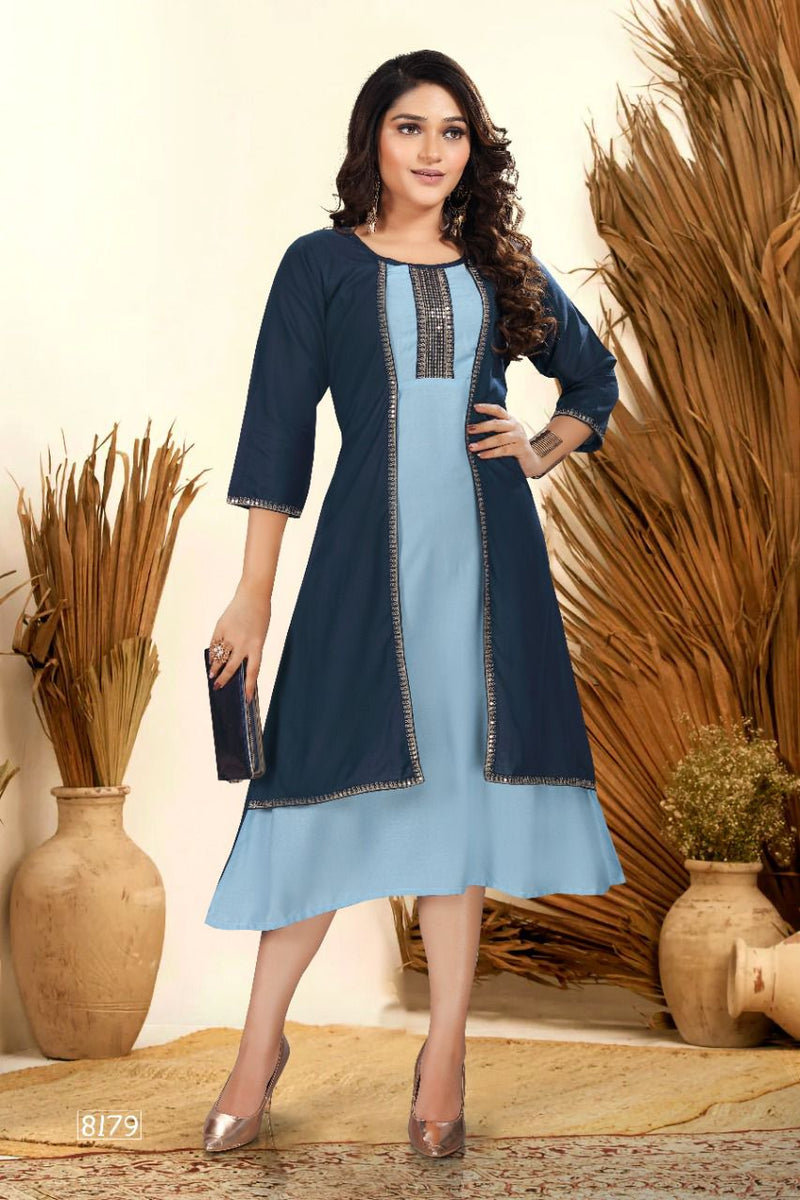 Golden Poonam Vol 1 Rayon Fancy Jacket Style Designer Party Wear Kurtis