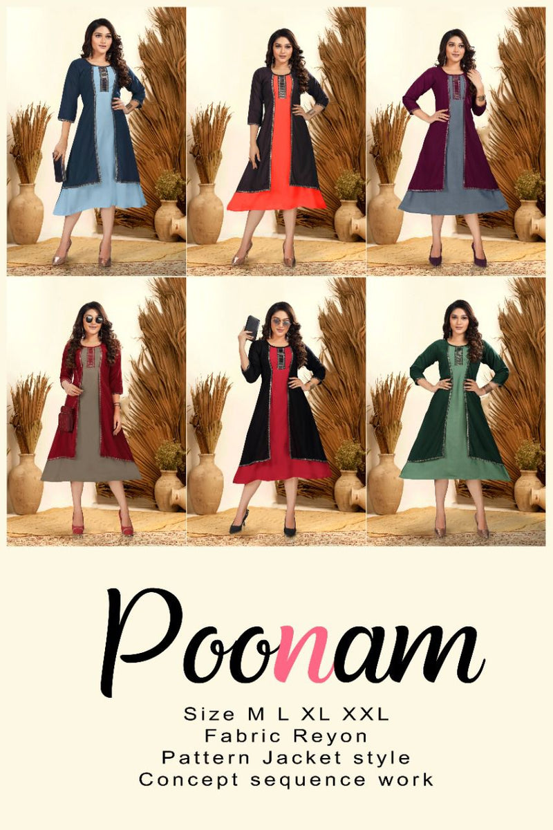 Golden Poonam Vol 1 Rayon Fancy Jacket Style Designer Party Wear Kurtis