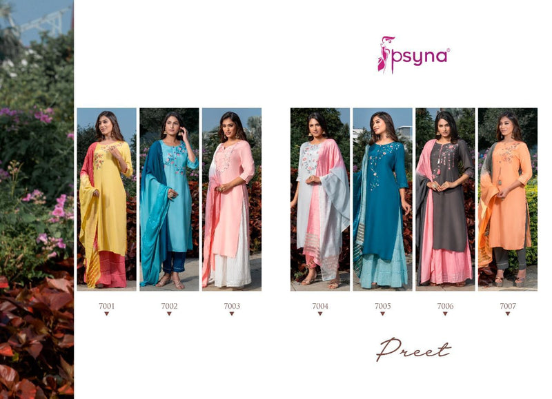 Psyna Preet Vol 7 Viscose Silk Designer Style Fancy Stylish Party Wear Embroidered Kurtis With  Set Of Dupatta & Bottom