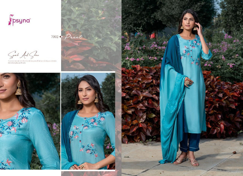 Psyna Preet Vol 7 Viscose Silk Designer Style Fancy Stylish Party Wear Embroidered Kurtis With  Set Of Dupatta & Bottom