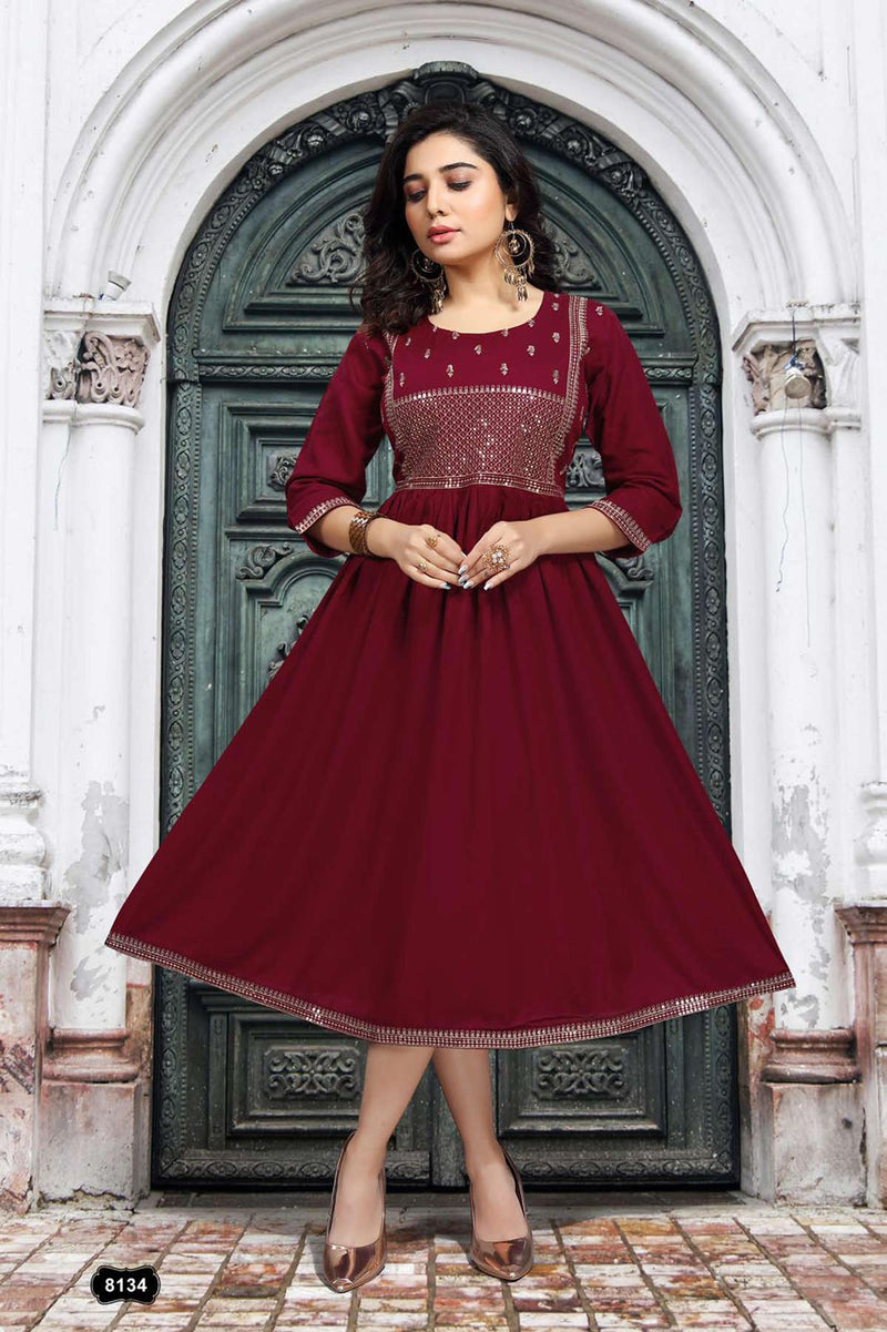 Beauty Queen Prisha Rayon Fancy Frock Style Party Wear Kurtis With Sequence Work
