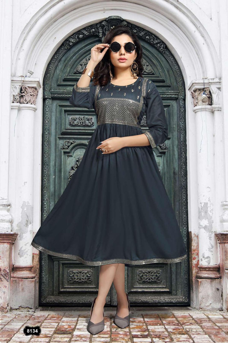 Beauty Queen Prisha Rayon Fancy Frock Style Party Wear Kurtis With Sequence Work