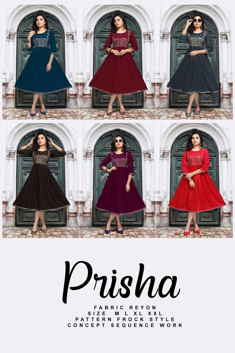 Beauty Queen Prisha Rayon Fancy Frock Style Party Wear Kurtis With Sequence Work