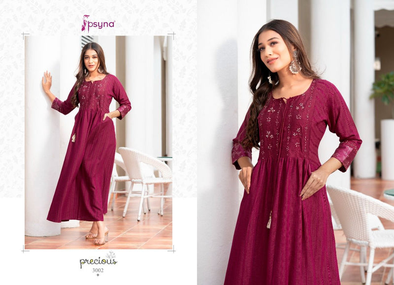 Psyna Precious Vol 3 Muslin Rayon Fancy Gown Style Party Wear Kurtis With Cotton Embroidery
