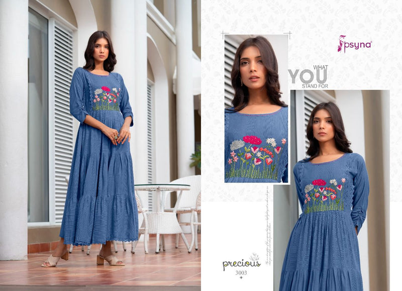 Psyna Precious Vol 3 Muslin Rayon Fancy Gown Style Party Wear Kurtis With Cotton Embroidery