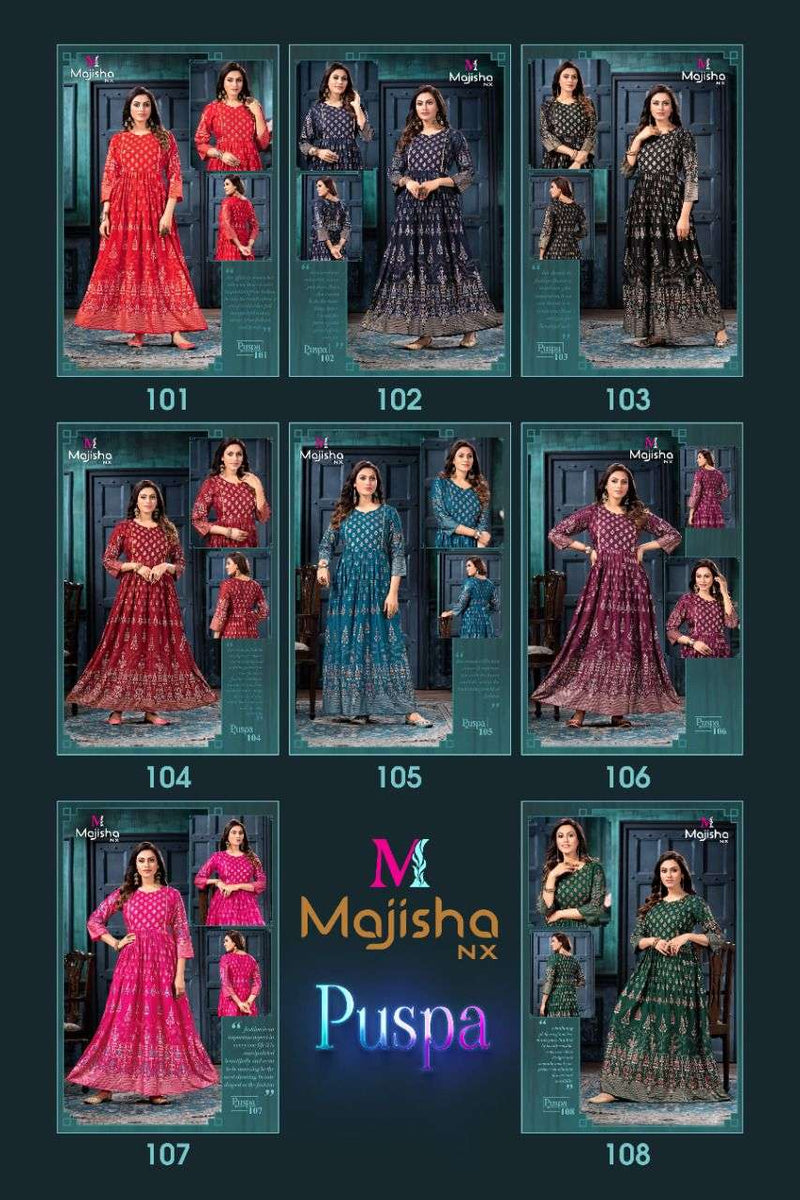 Majisha Nx Pushpa Vol 1 Rayon Fancy Stylish Long Gown Party Wear Kurtis With Royal Foil Prints