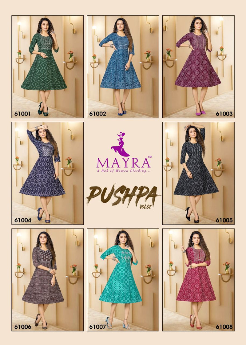 Mayra Pushpa Vol 2 Rayon Printed Designer Party Wear Kurtis
