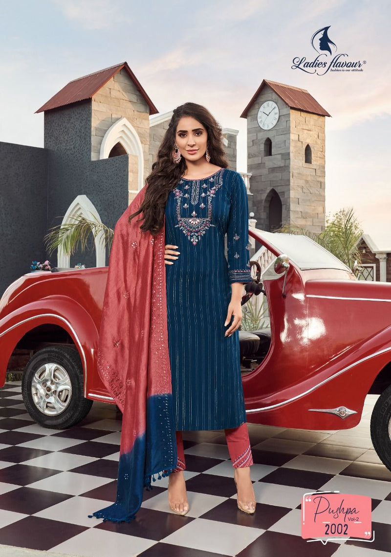 Ladies Flavour Pushpa Vol 2 Rayon Embroidered Party Wear Ready Made Salwar Suits