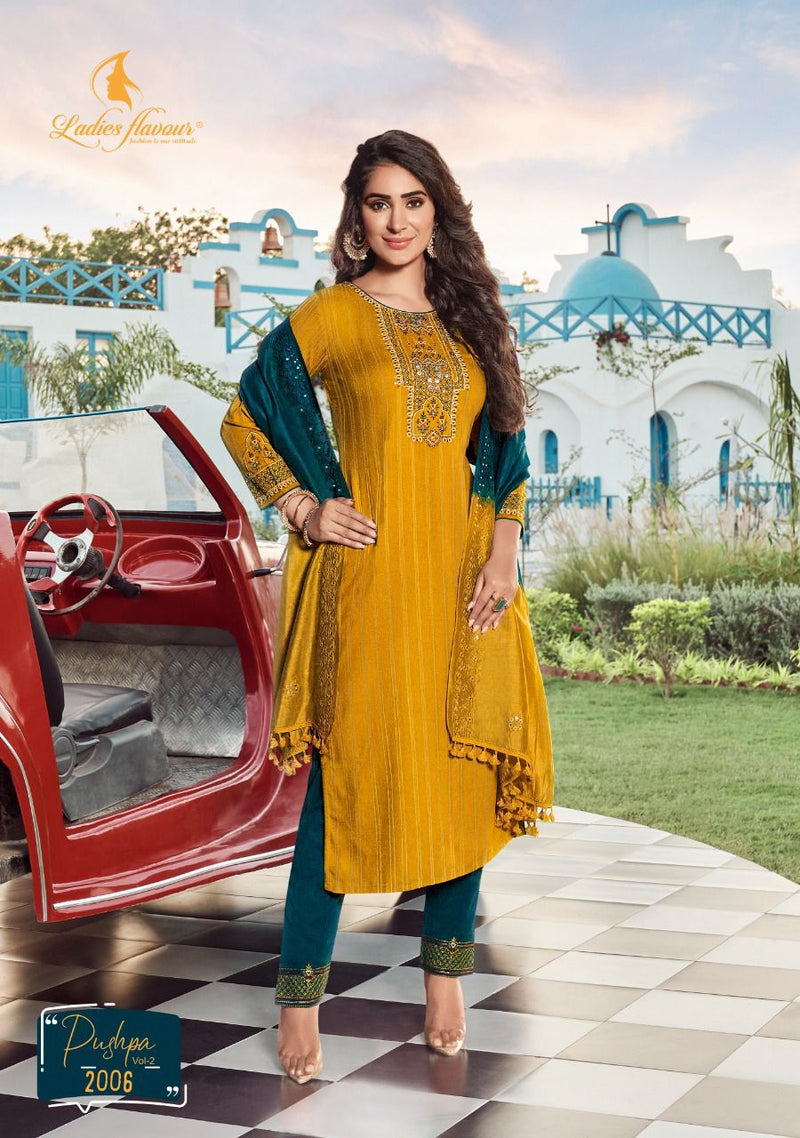 Ladies Flavour Pushpa Vol 2 Rayon Embroidered Party Wear Ready Made Salwar Suits