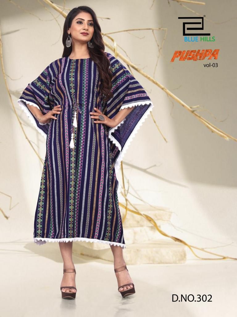 Blue Hills Pushpa Vol 3 Rayon Fancy Western Wear Kaftan Kurtis