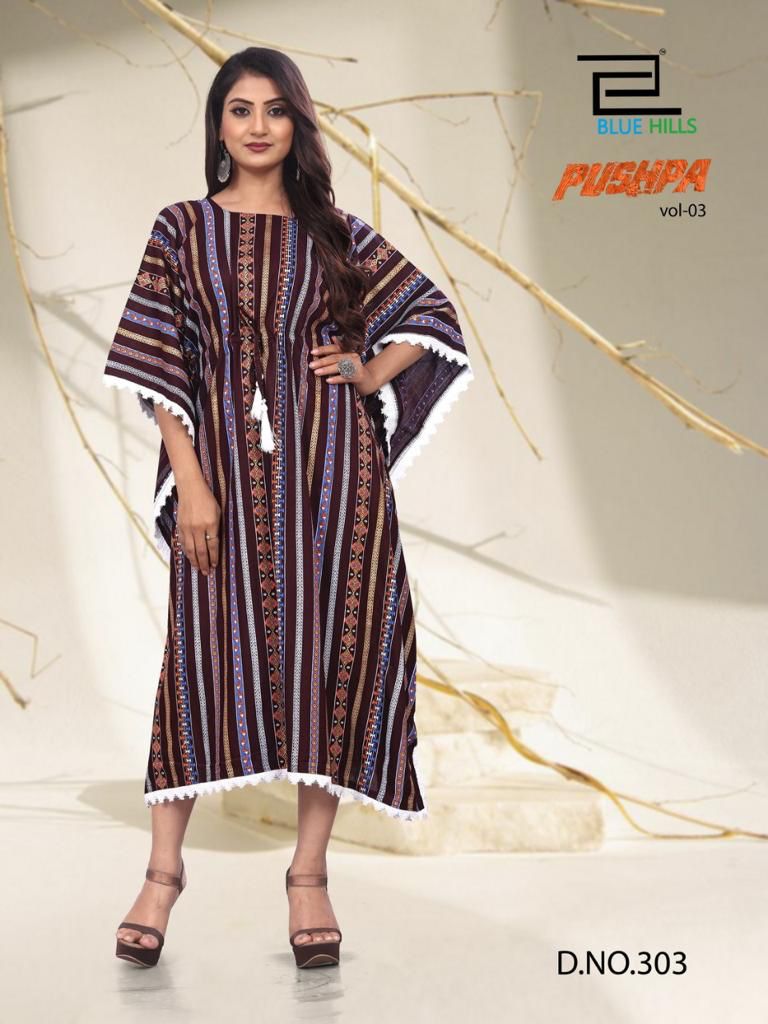 Blue Hills Pushpa Vol 3 Rayon Fancy Western Wear Kaftan Kurtis