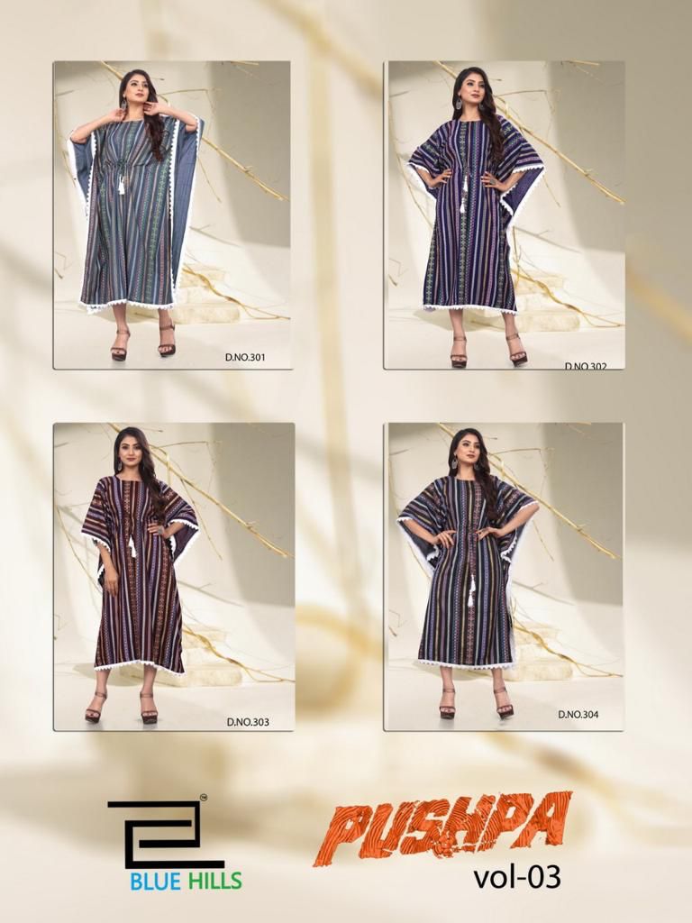 Blue Hills Pushpa Vol 3 Rayon Fancy Western Wear Kaftan Kurtis