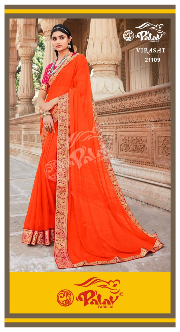 Palav Fabric Launch By Virasat Chiffon With Heavy Border Exclusive Designer Casual Wear Sarees