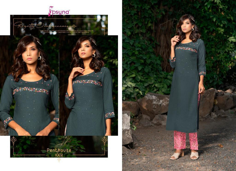 Penthouse By Psyna Rayon Slub Fancy Embroidery With Handwork Casual Wear Long Kurtis