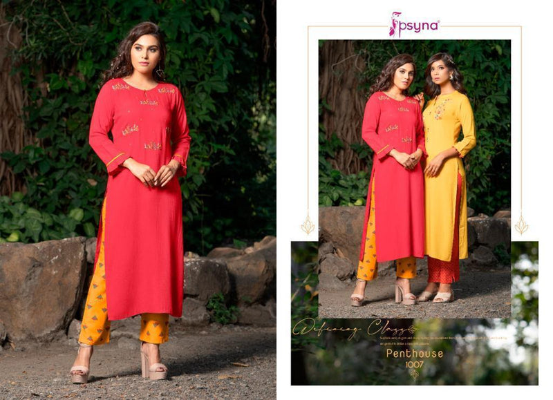 Penthouse By Psyna Rayon Slub Fancy Embroidery With Handwork Casual Wear Long Kurtis