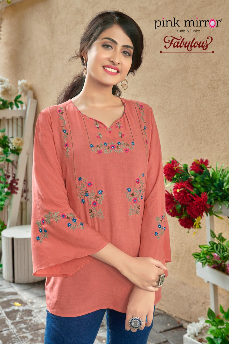 Pink Mirror Fabulous Rayon Slub With Embroidery Work Fancy Exclusive Casual Wear Short Tops