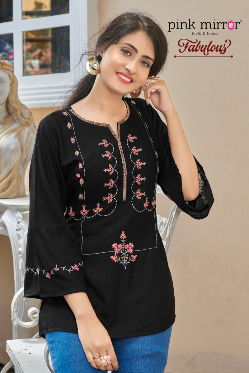 Pink Mirror Fabulous Rayon Slub With Embroidery Work Fancy Exclusive Casual Wear Short Tops