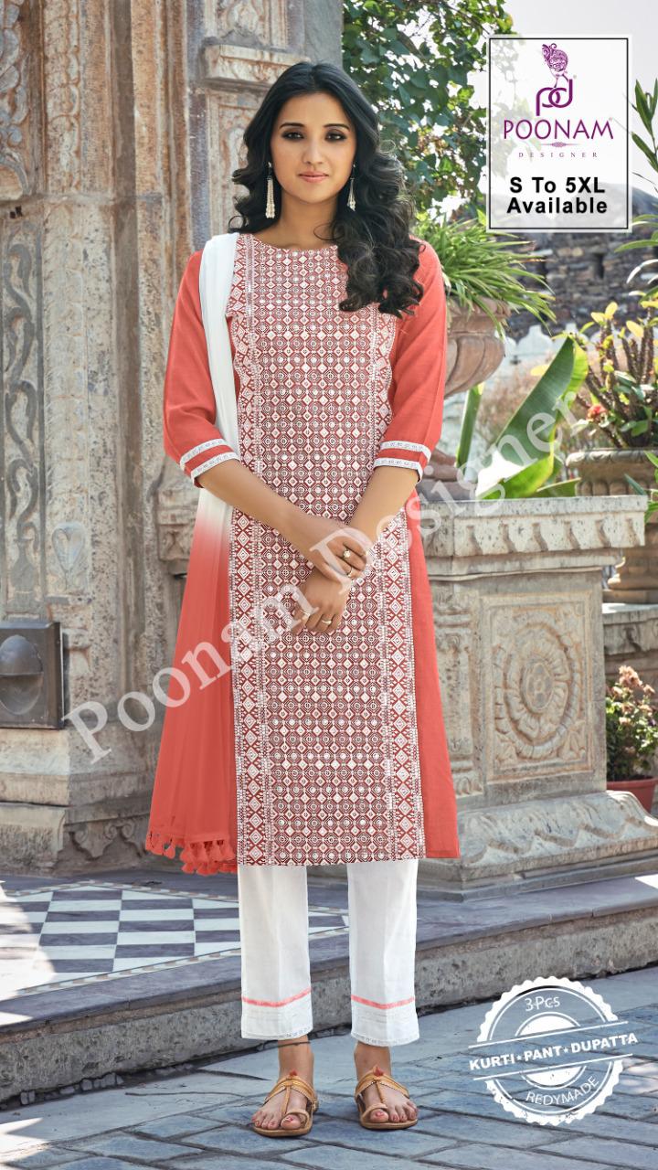 Poonam Designer Gorgeous Lucknowi Cotton Slub Long Kurti With Dupatta