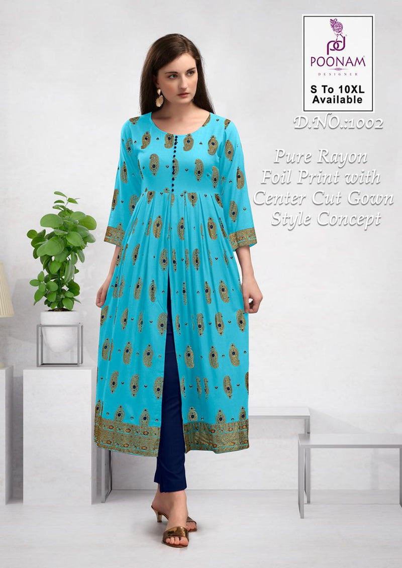 Poonam Designer Minakari Center Cut Rayon Print With Fancy Printed Gown Stylish Readymade Kurtis