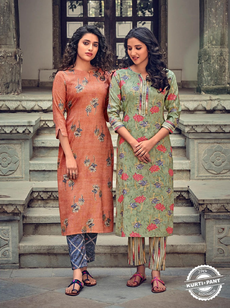 Poonam Designer Presents By Aarna Rayon Slub Fancy Printed Designer Long Casual Wear Kurti With Bottom