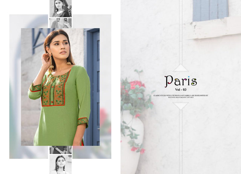 Psyna Launch Paris Vol 3 Rayon Slub With Embroidery Work Long Straight Casual Wear Fancy Kurti