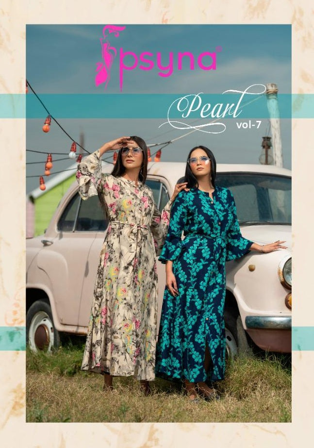 Psyna Pearl Vol 7 Rayon Fancy Printed Design Exclusive Long Gown Type Readymade Casual Wear Kurtis