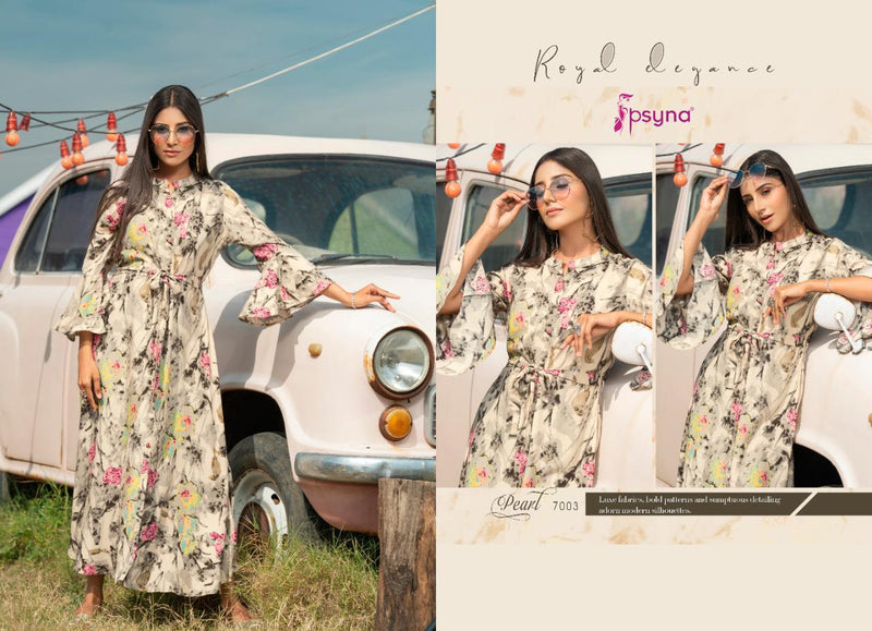 Psyna Pearl Vol 7 Rayon Fancy Printed Design Exclusive Long Gown Type Readymade Casual Wear Kurtis