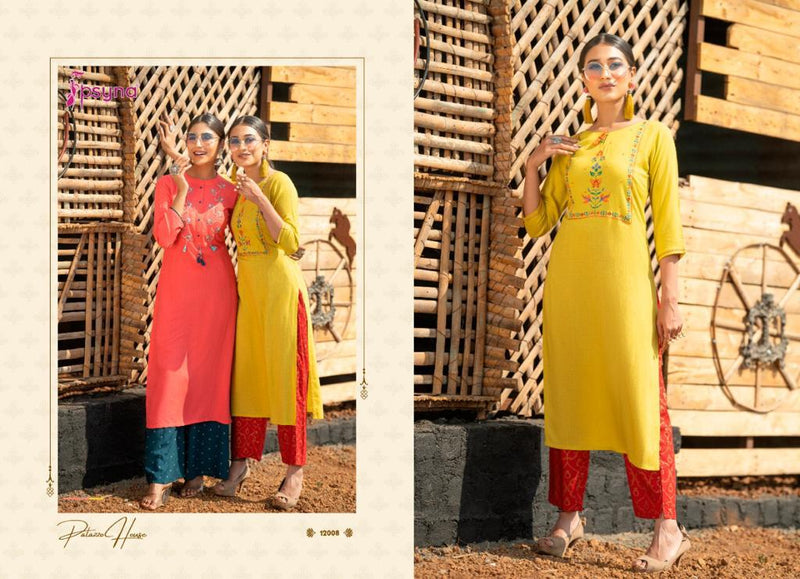 Psyna Plazzo House Vol 12 Rayon Slub Dyed With Exclusive Fancy Work Designer Casual Wear Kurtis With Bottom