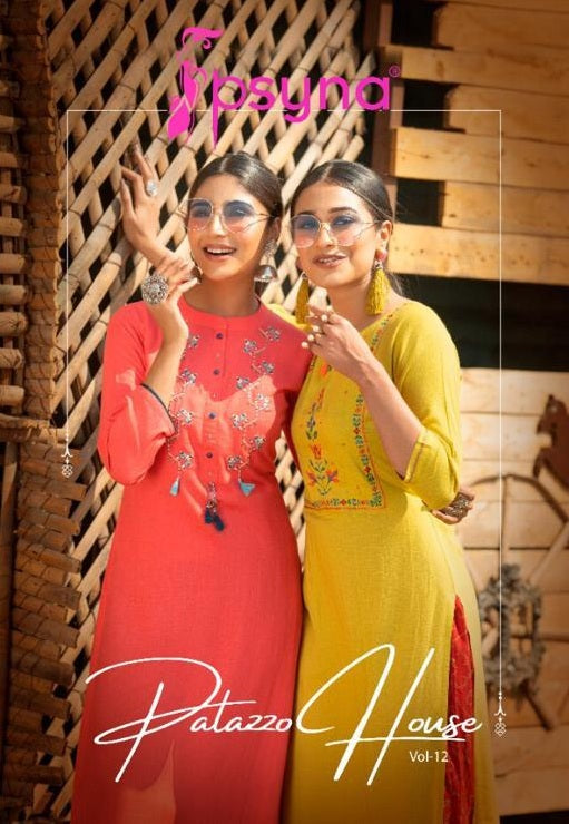 Psyna Plazzo House Vol 12 Rayon Slub Dyed With Exclusive Fancy Work Designer Casual Wear Kurtis With Bottom