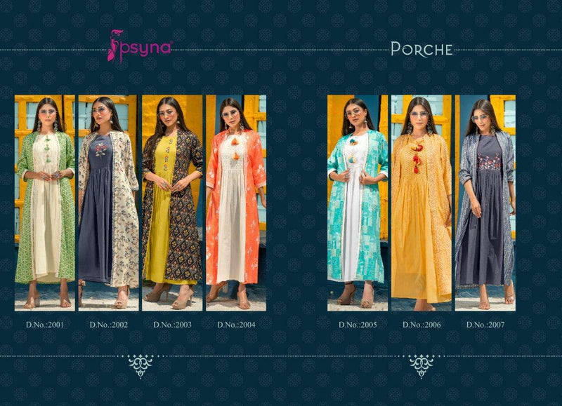 Psyna Porche Vol 2 Rayon Embroidery Hand Work Long Exclusive Stylish Casual Wear Kurtis