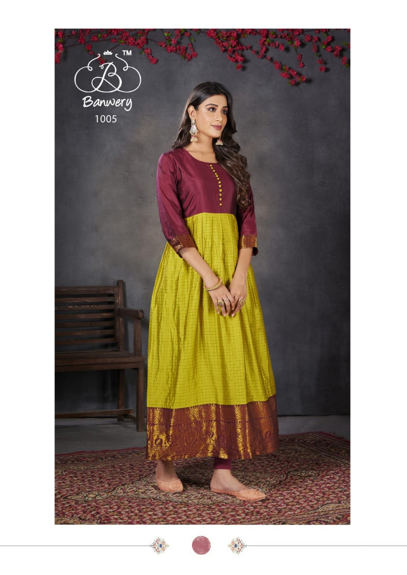 Purvaa By Banwery Fashion Silk Weaving Fancy Jacquard Border Casual Wear Long Frill Type Kurti With Bottom