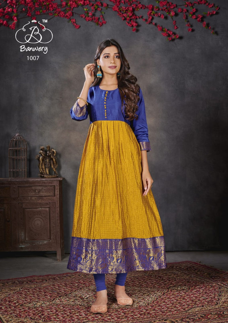 Purvaa By Banwery Fashion Silk Weaving Fancy Jacquard Border Casual Wear Long Frill Type Kurti With Bottom