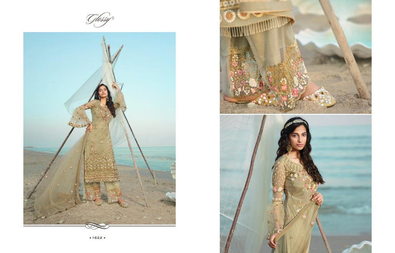 Glossy Qiana Net Designer Party Wear Embroidered Salwar Suits