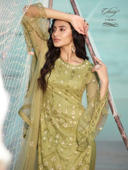 Glossy Qiana Net Designer Party Wear Embroidered Salwar Suits