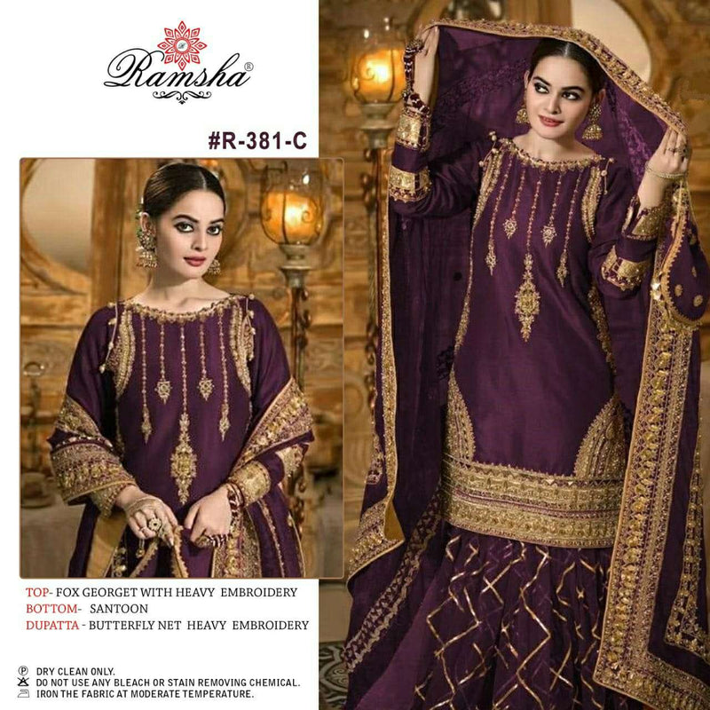 Ramsha Fashion R 381 Georgette Wedding Wear Sharara  Style Salwar Kameez With Heavy Embroidery Work