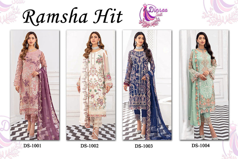 Dinsaa Suit Ramsha Hit Fox Georgette Designer Heavy Embroidered Pakistani Style Wedding Wear Salwar Suits