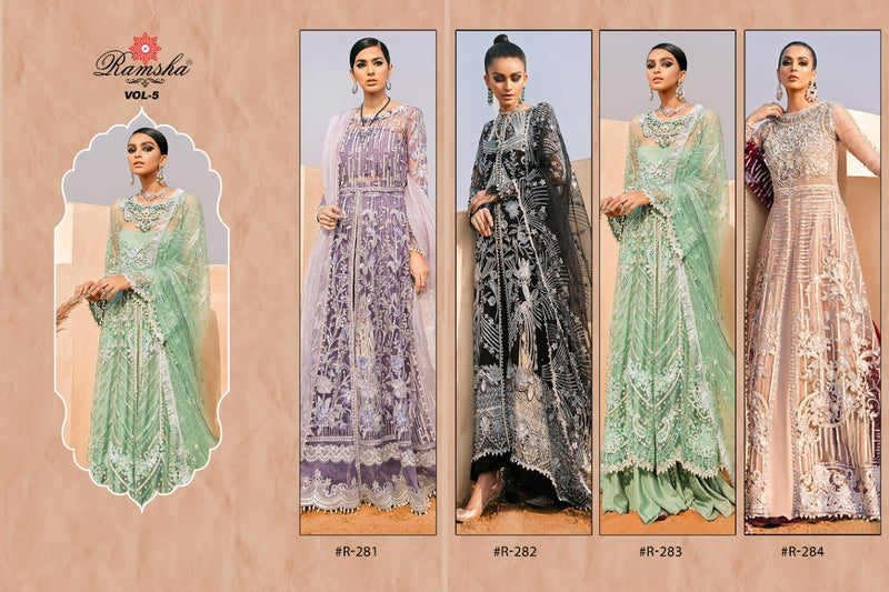Ramsha Suits Presents R281-R284 Net Embroidery Work Pakistani Salwar Kameez