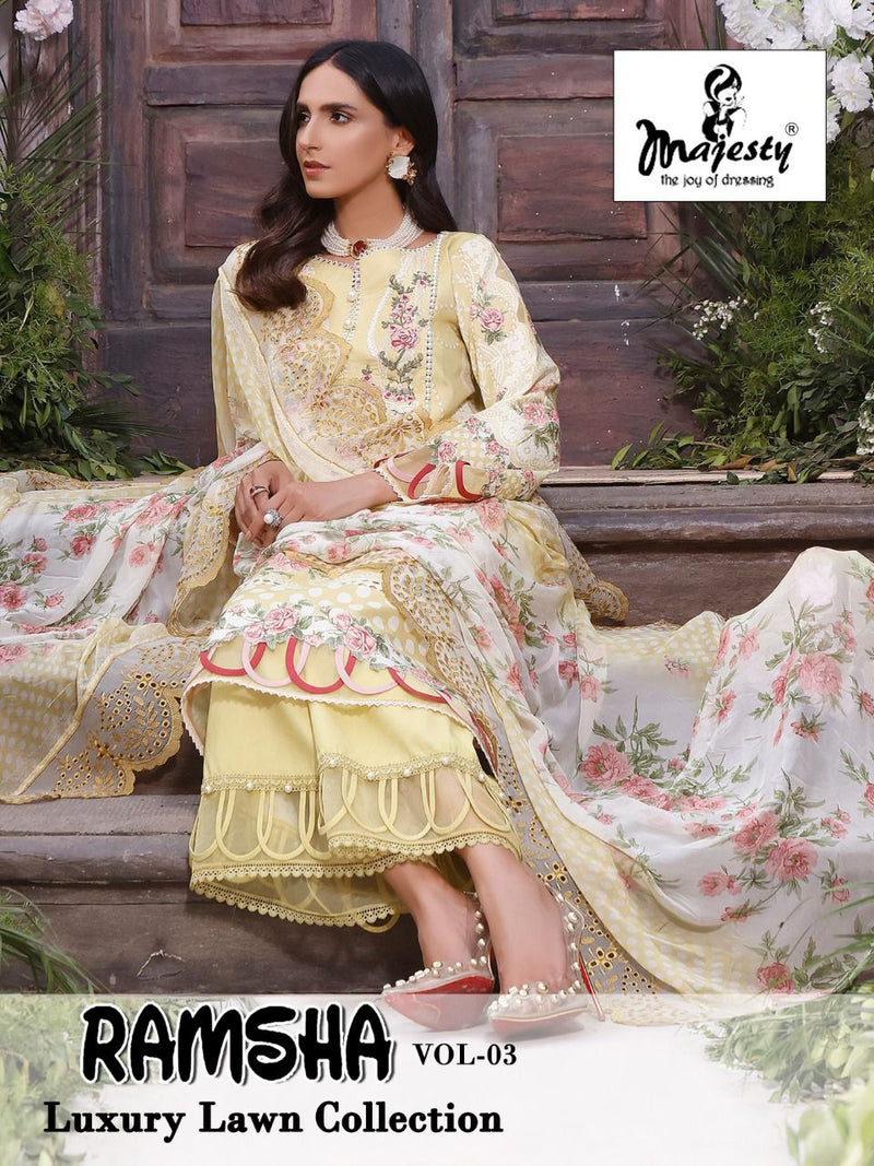Majesty Ramsha Vol 3 Luxury Lawn Collection Pure Cotton Embroidered Pakistani Style Party Wear Salwar Suits