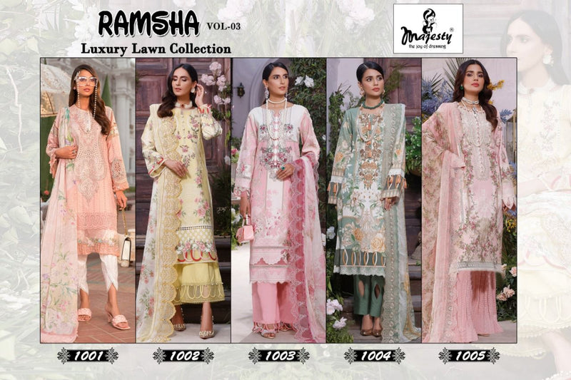 Majesty Ramsha Vol 3 Luxury Lawn Collection Pure Cotton Embroidered Pakistani Style Party Wear Salwar Suits