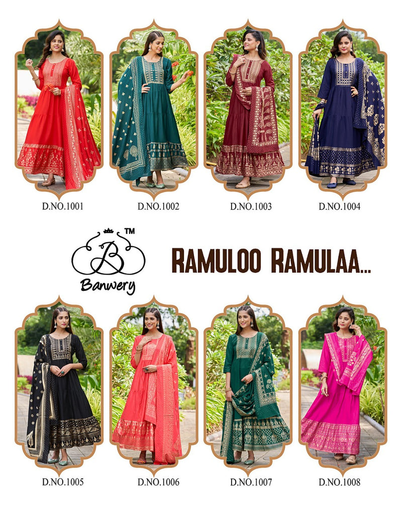 Banwery Fashion Ramuloo Ramulaa Rayon With Foil Printed Work Stylish Designer Attractive Look Long Gown