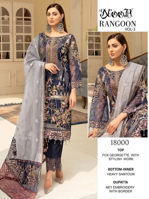 Noor Rangoon Vol 3 Georgette Embroidered Pakistani Style Party Wear Salwar Suits
