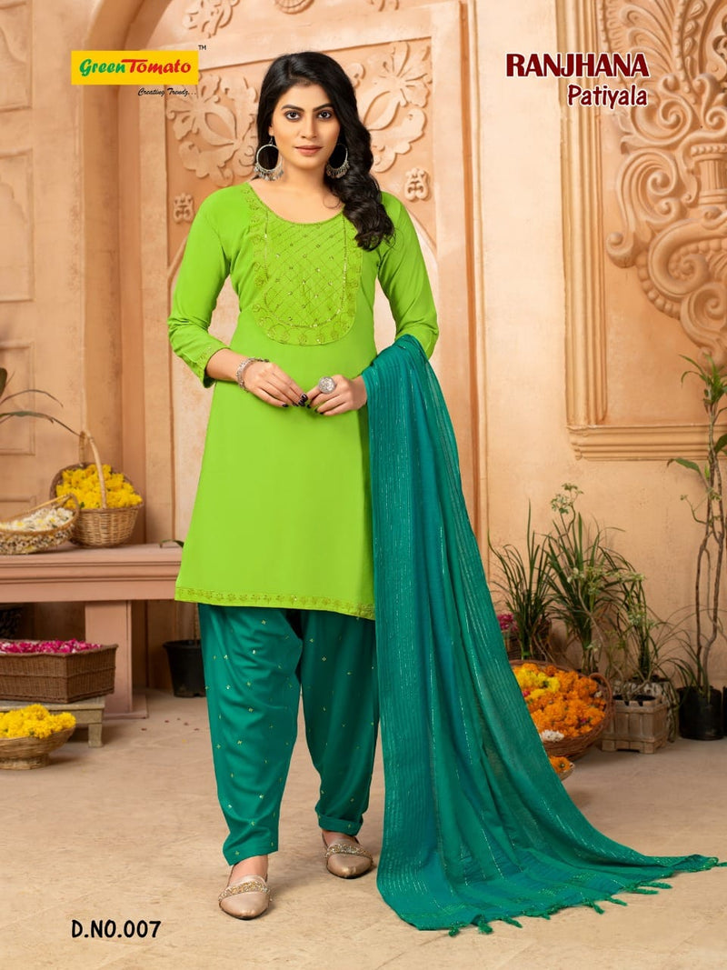 Green Tomato Ranjhana Patiyala Style Festive Wear Ready Made Rayon Salwar Kameez